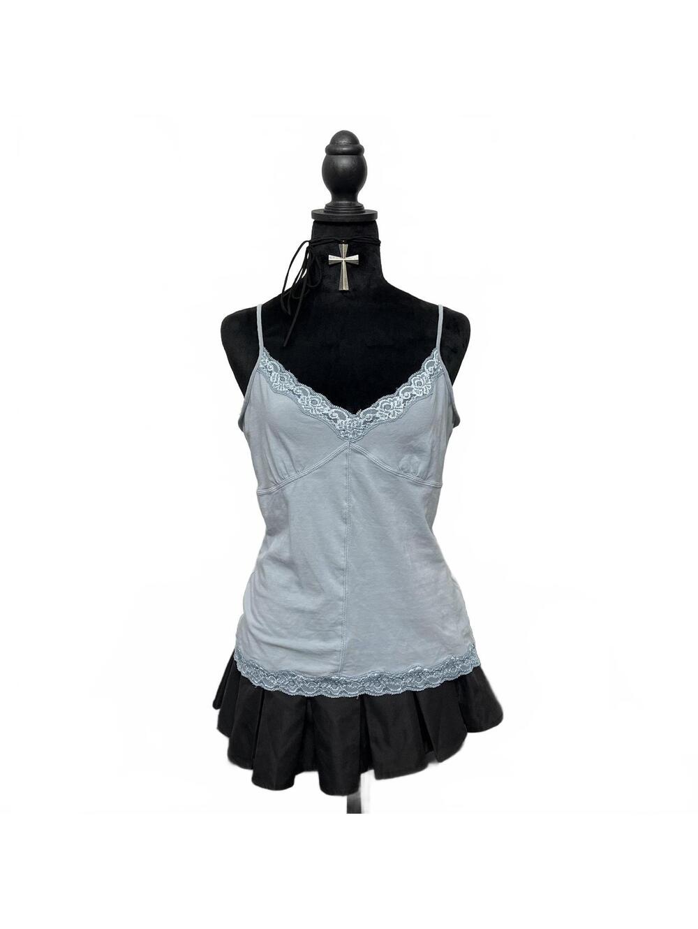 Y2K Mexx Grey Ish Blue Lace Trim Camisole Sz L Coquette 2000s Bella Swan Fairy - Picture 3 of 9